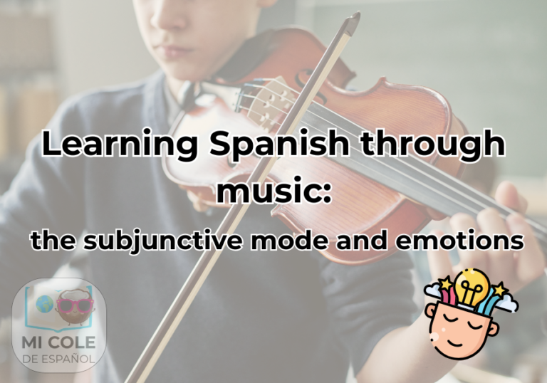 Imagen de portada para el artículo sobre el subjuntivo en la música, mostrando a un músico tocando el violín con el logotipo de Mi Cole de Español.